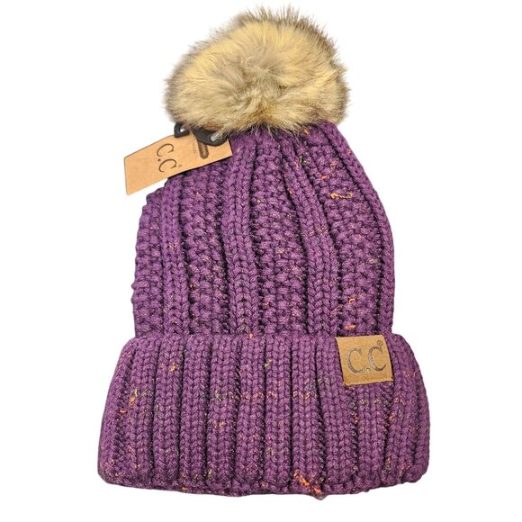 C.C. Purple Knit Beanie Faux Fur Pom Confetti Speckled Yarn Fleeced lined - Picture 1 of 2